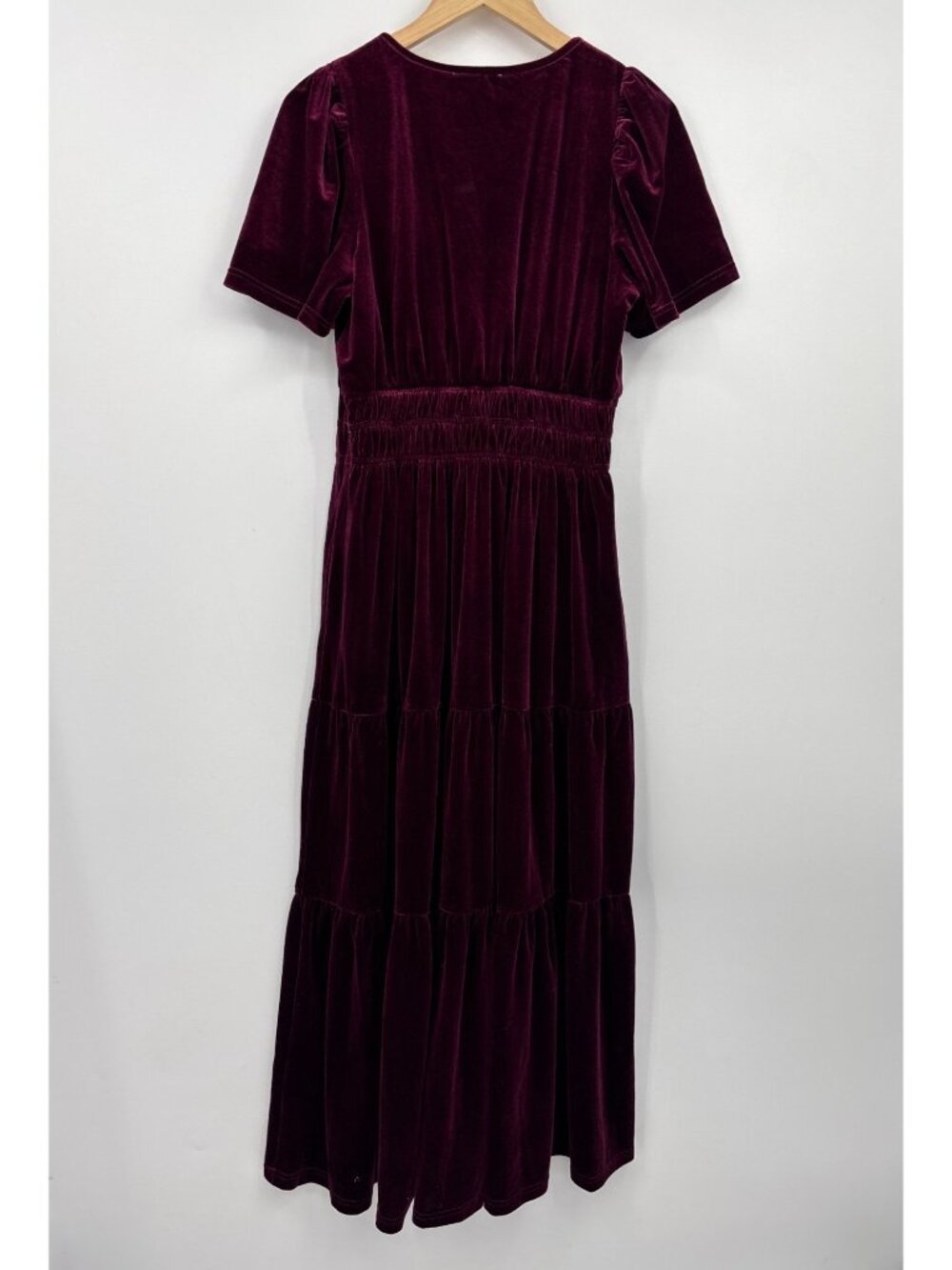 Bohme Velvet Tiered Maxi Dress V-Neck Flutter Sleeve Burgundy Medium - Picture 8 of 8